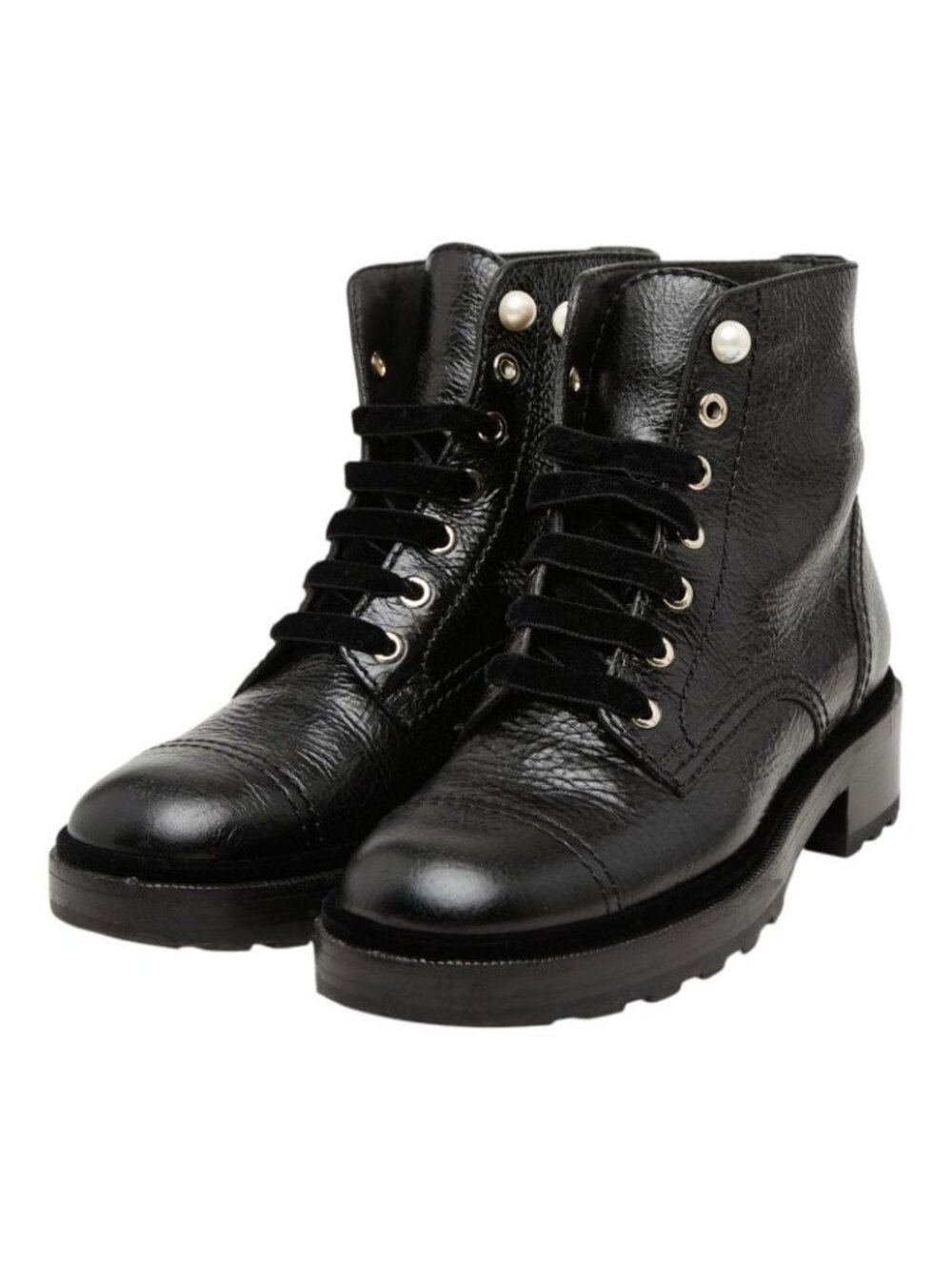 Chanel CC Logo Lace Up Short Boots 38 Black Leather Velour Faux Pearl